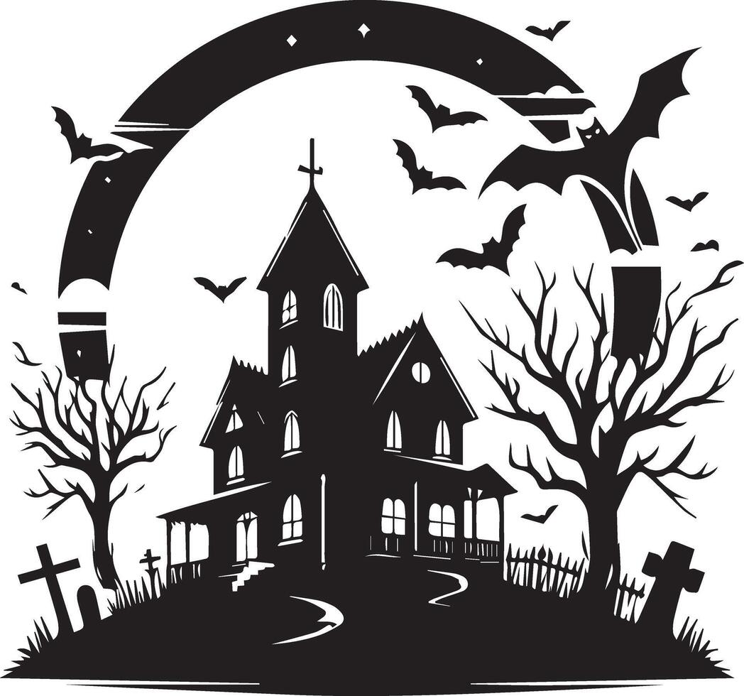 Black and white haunted house with bats and full moon illustration vector