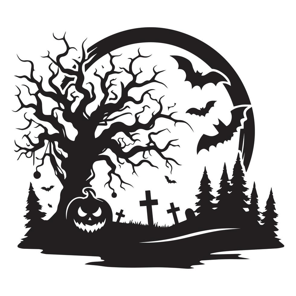 Halloween scene with haunted house, witch on broomstick, pumpkins, and bats in black and white art vector