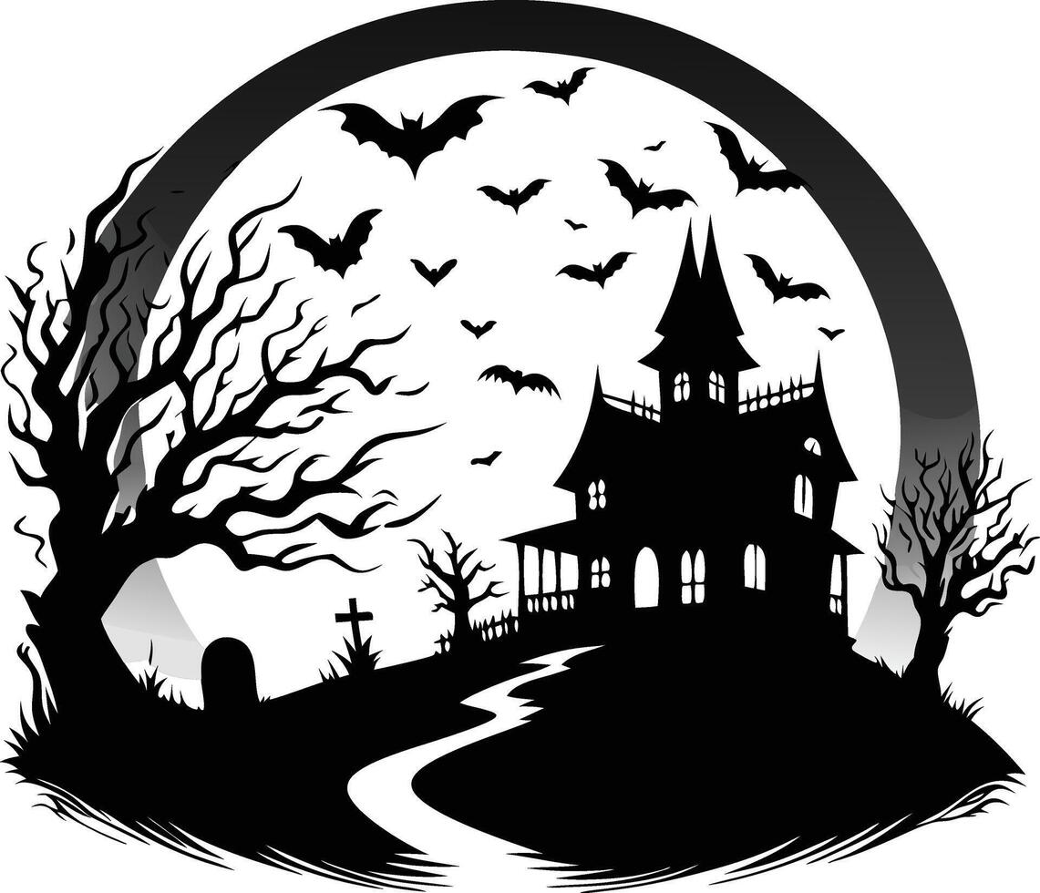 Black and white haunted house with bats and full moon illustration vector