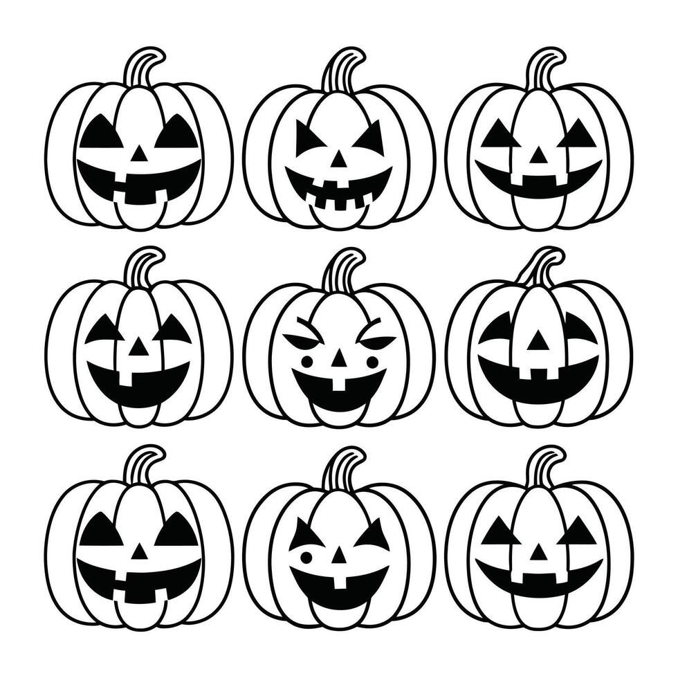 Black and white Halloween pumpkin faces with various expressions vector