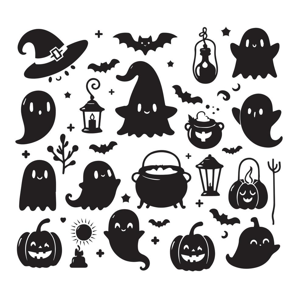 Collection of Halloween ghost and pumpkin icons with bats, witch hat, and cauldrons in black and white art vector