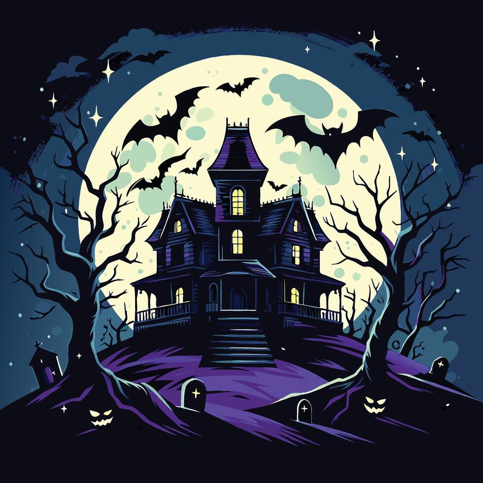 Haunted house on hill with bats and full moon illustration vector