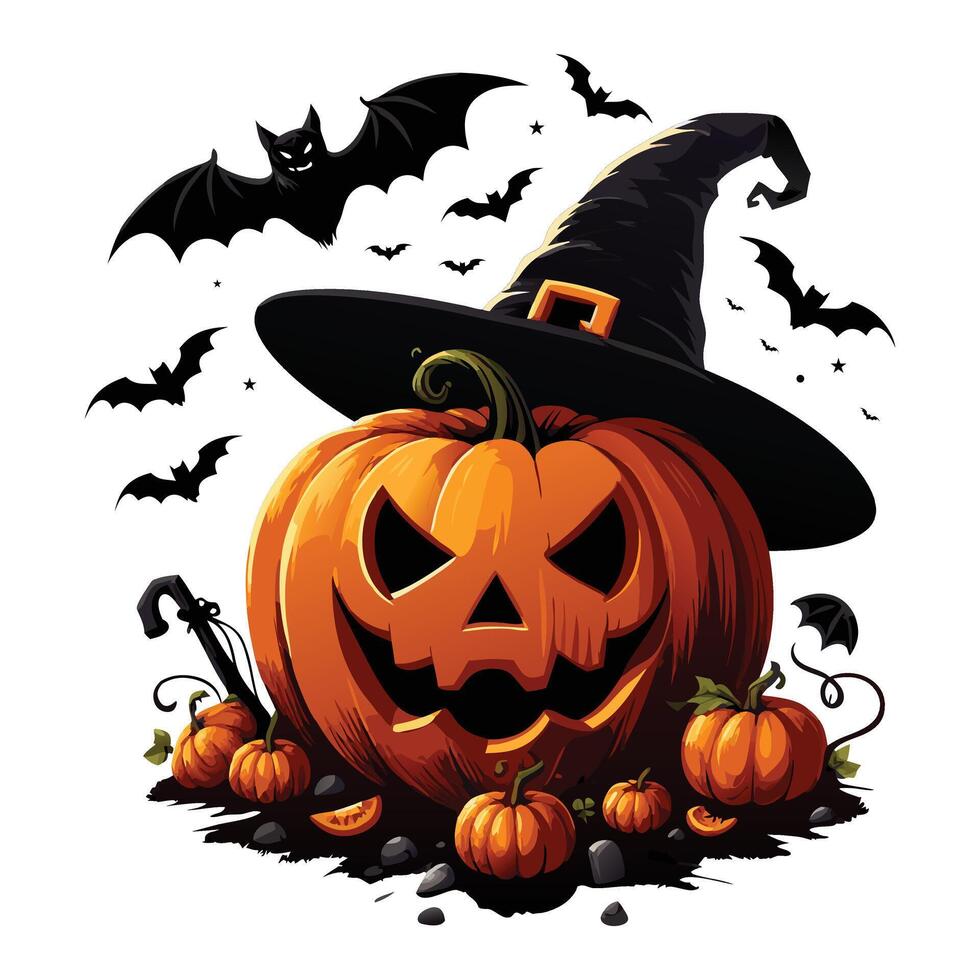 Halloween pumpkin with witch hat and flying bats illustration vector