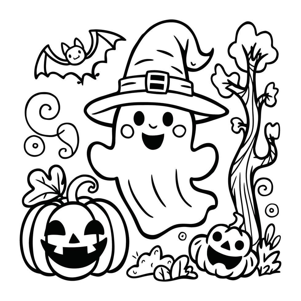 Halloween Scene with Ghost, Witch Hat, Jack-o'-Lanterns, and Bat - Fun Black and White Illustration vector