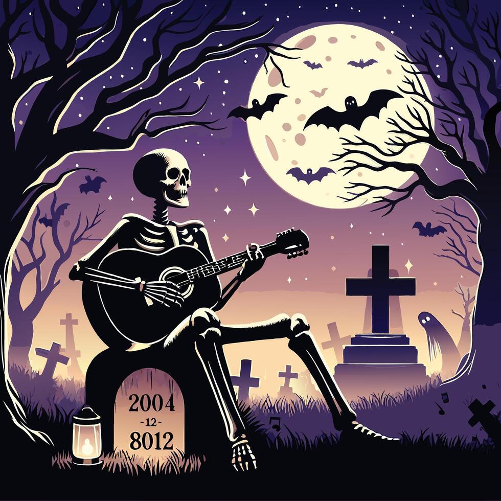 Skeleton playing guitar in moonlit graveyard with bats illustration vector