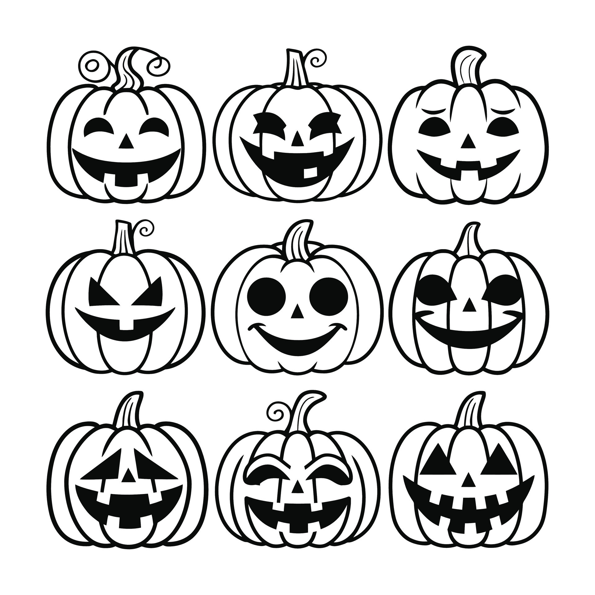 Black and white Halloween pumpkin faces with various expressions