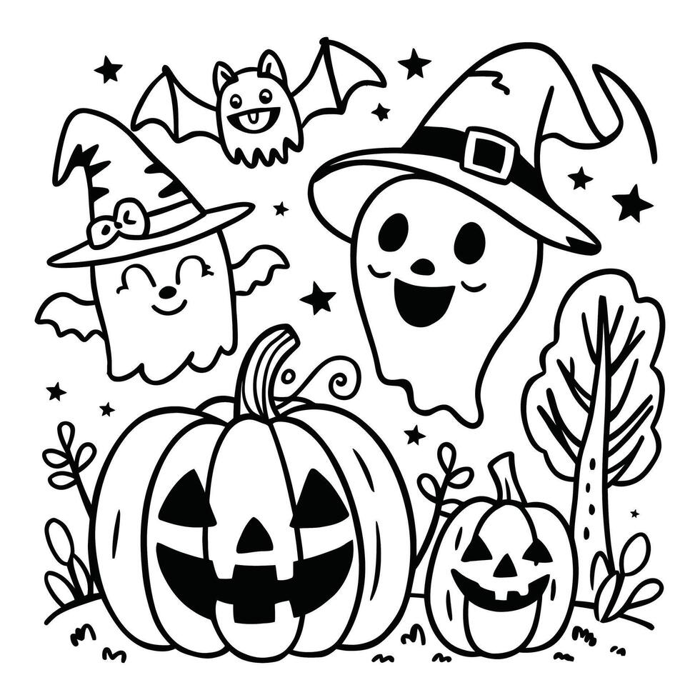 Halloween Scene with Ghost, Witch Hat, Jack-o'-Lanterns, and Bat - Fun Black and White Illustration vector