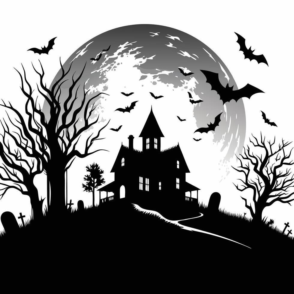 Black and white haunted house with bats and full moon illustration vector