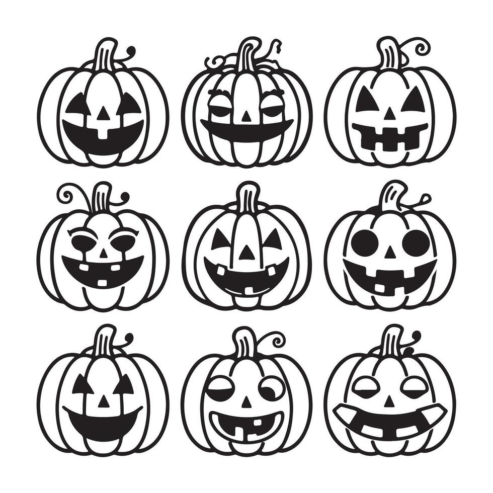 Black and white Halloween pumpkin faces with various expressions vector
