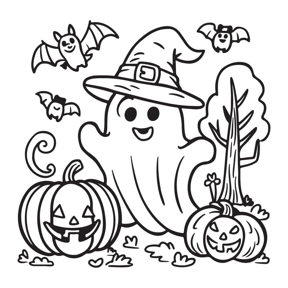 Halloween Scene with Ghost, Witch Hat, Jack-o'-Lanterns, and Bat - Fun Black and White Illustration vector