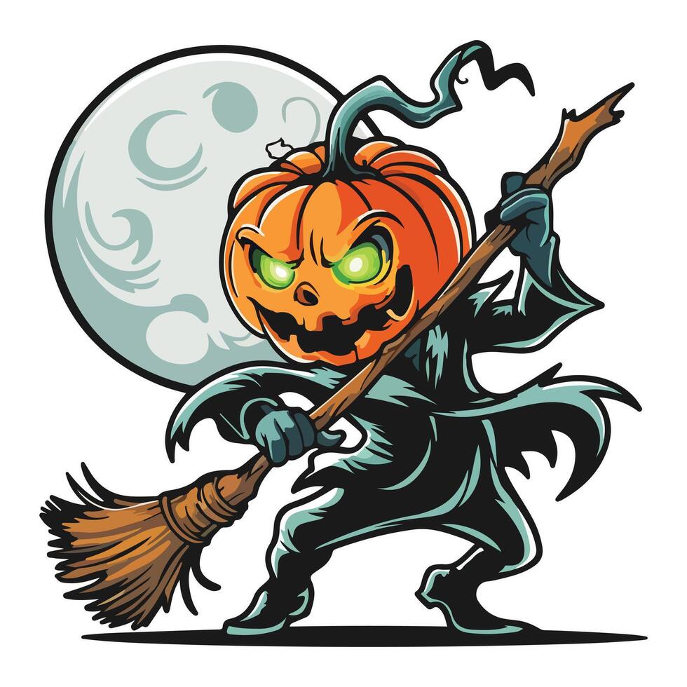 Halloween illustration of pumpkin-headed scarecrow with glowing eyes holding broomstick under full moon vector