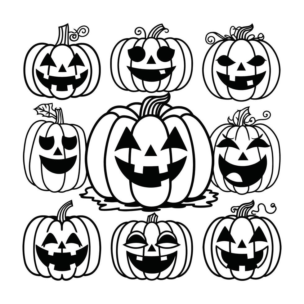 Black and white Halloween pumpkin faces with various expressions vector