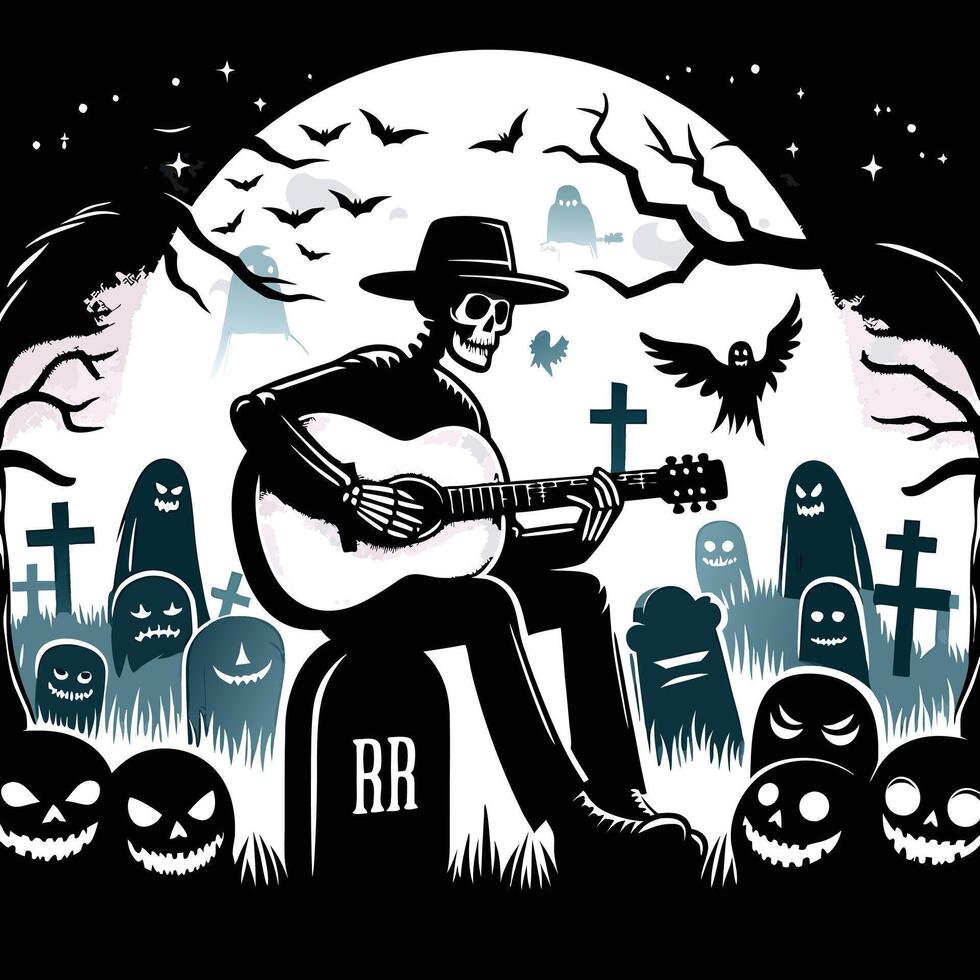 Skeleton playing guitar in moonlit graveyard with bats illustration vector