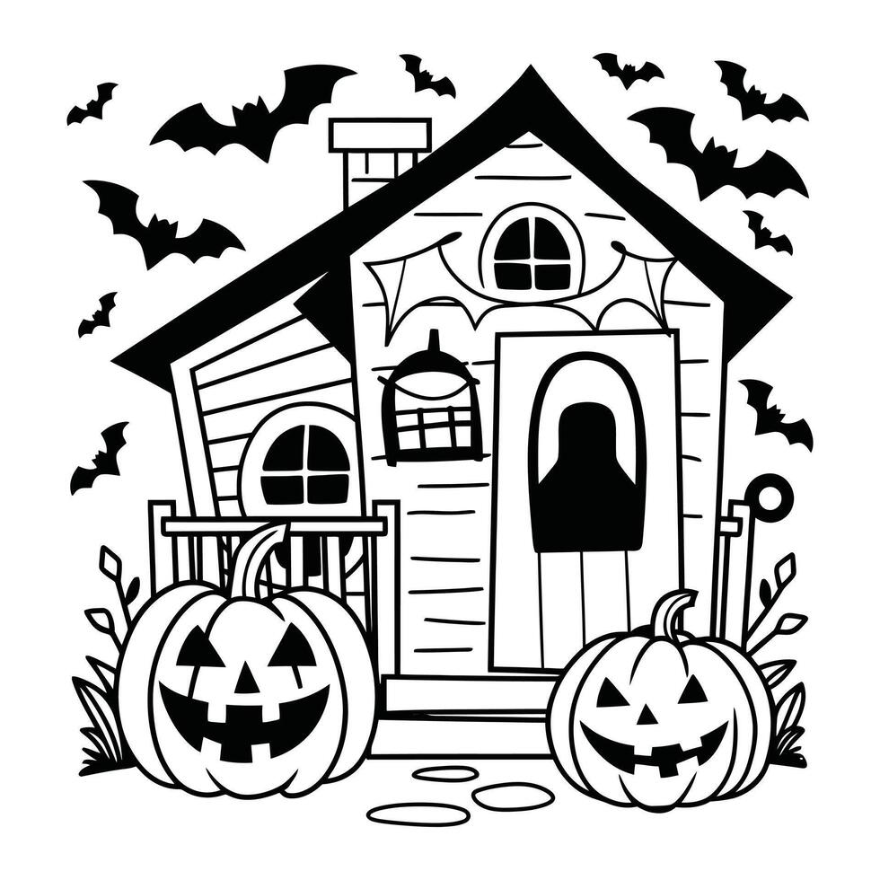 Spooky haunted house with pumpkins, bat, and full moon in black and white line art illustration vector