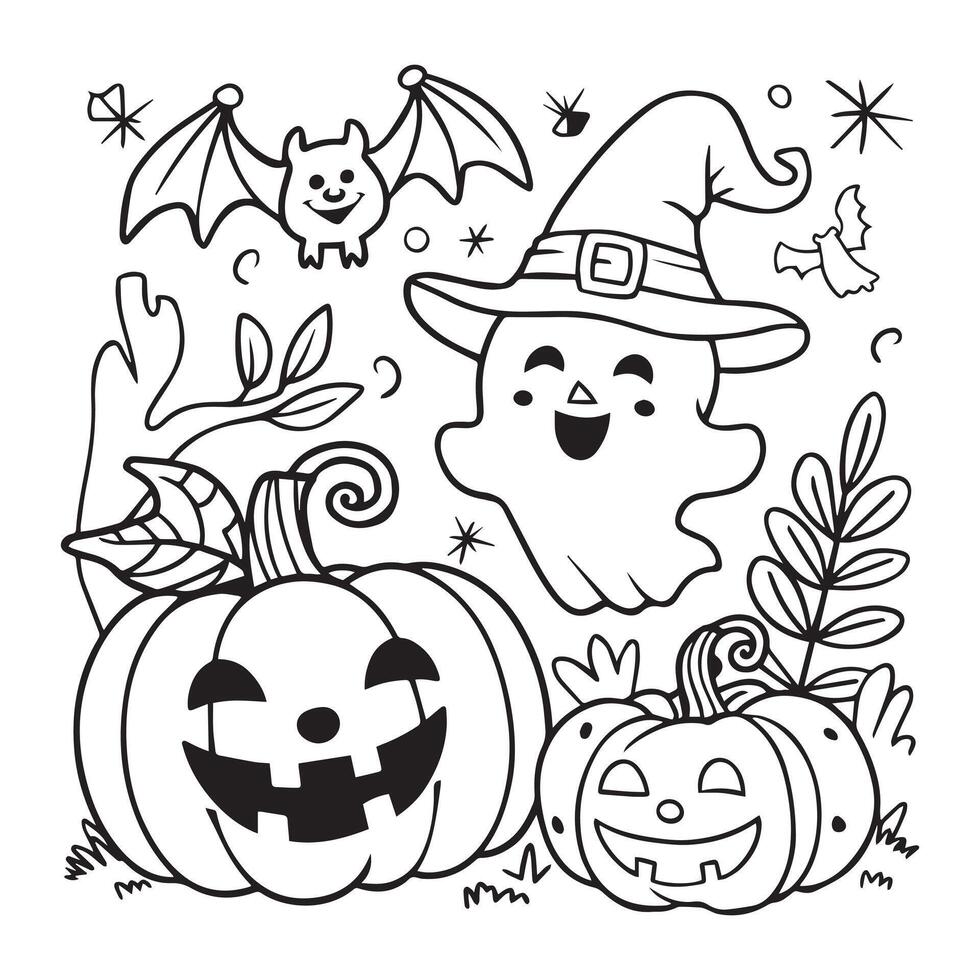 Halloween Scene with Ghost, Witch Hat, Jack-o'-Lanterns, and Bat - Fun Black and White Illustration vector