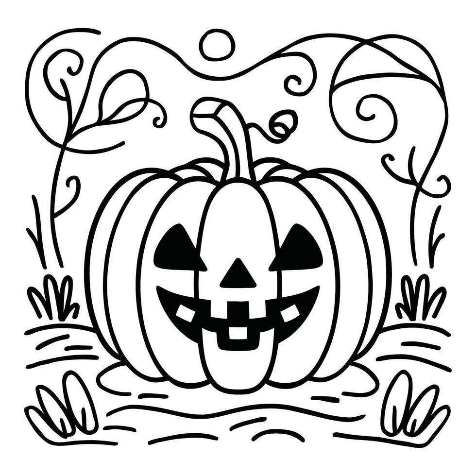 Halloween pumpkin with spooky face and swirling vines in black and white line art illustration vector