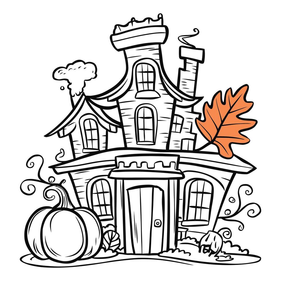 Spooky haunted house with pumpkins, bat, and full moon in black and white line art illustration vector