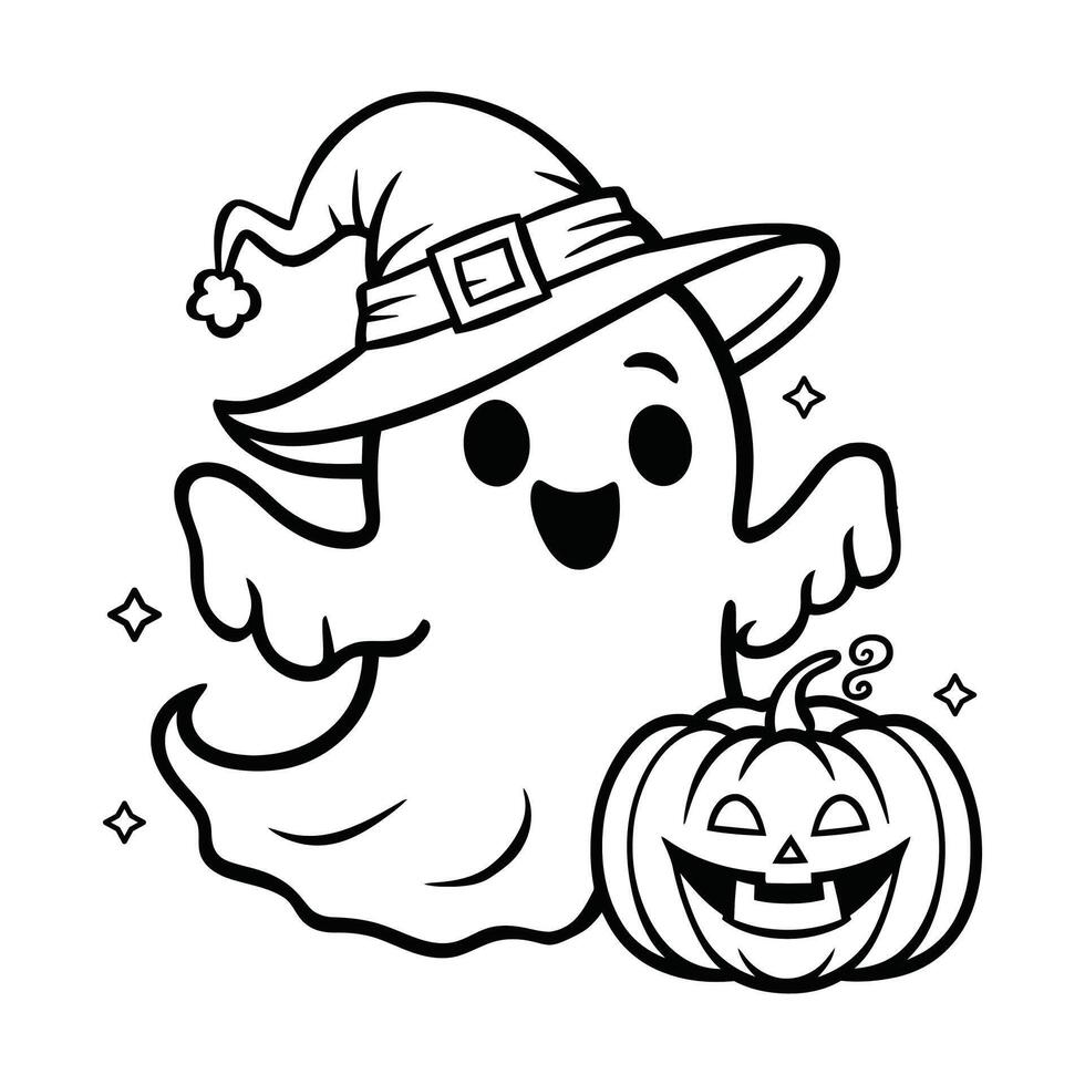 Halloween Ghost with Witch Hat and Jack-o'-Lantern - Fun and Spooky Black and White Illustration vector
