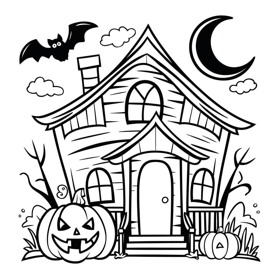 Spooky haunted house with pumpkins, bat, and full moon in black and white line art illustration vector