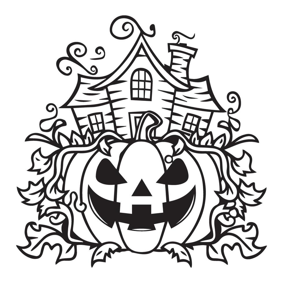 Spooky haunted house with pumpkins, bat, and full moon in black and white line art illustration vector