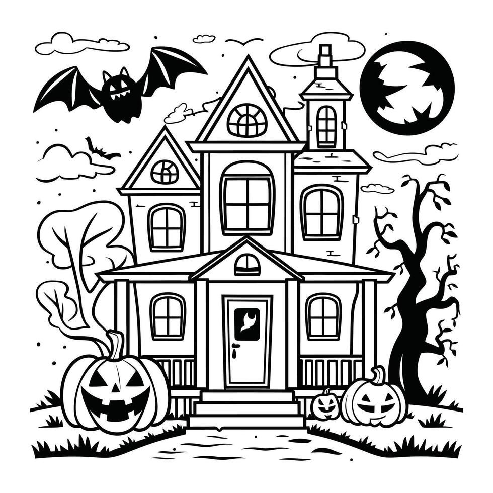 Spooky haunted house with pumpkins, bat, and full moon in black and white line art illustration vector