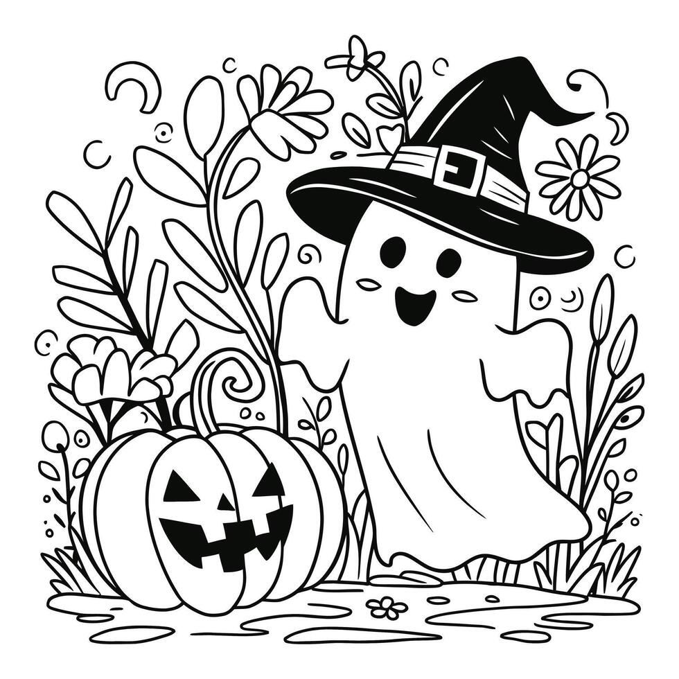 Halloween Scene with Ghost, Witch Hat, Jack-o'-Lanterns, and Bat - Fun Black and White Illustration vector
