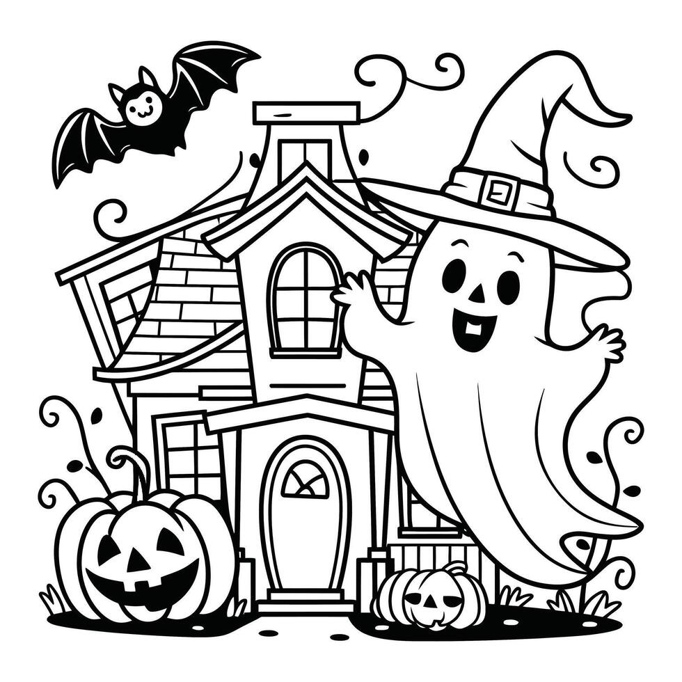 Spooky haunted house with pumpkins, bat, and full moon in black and white line art illustration vector