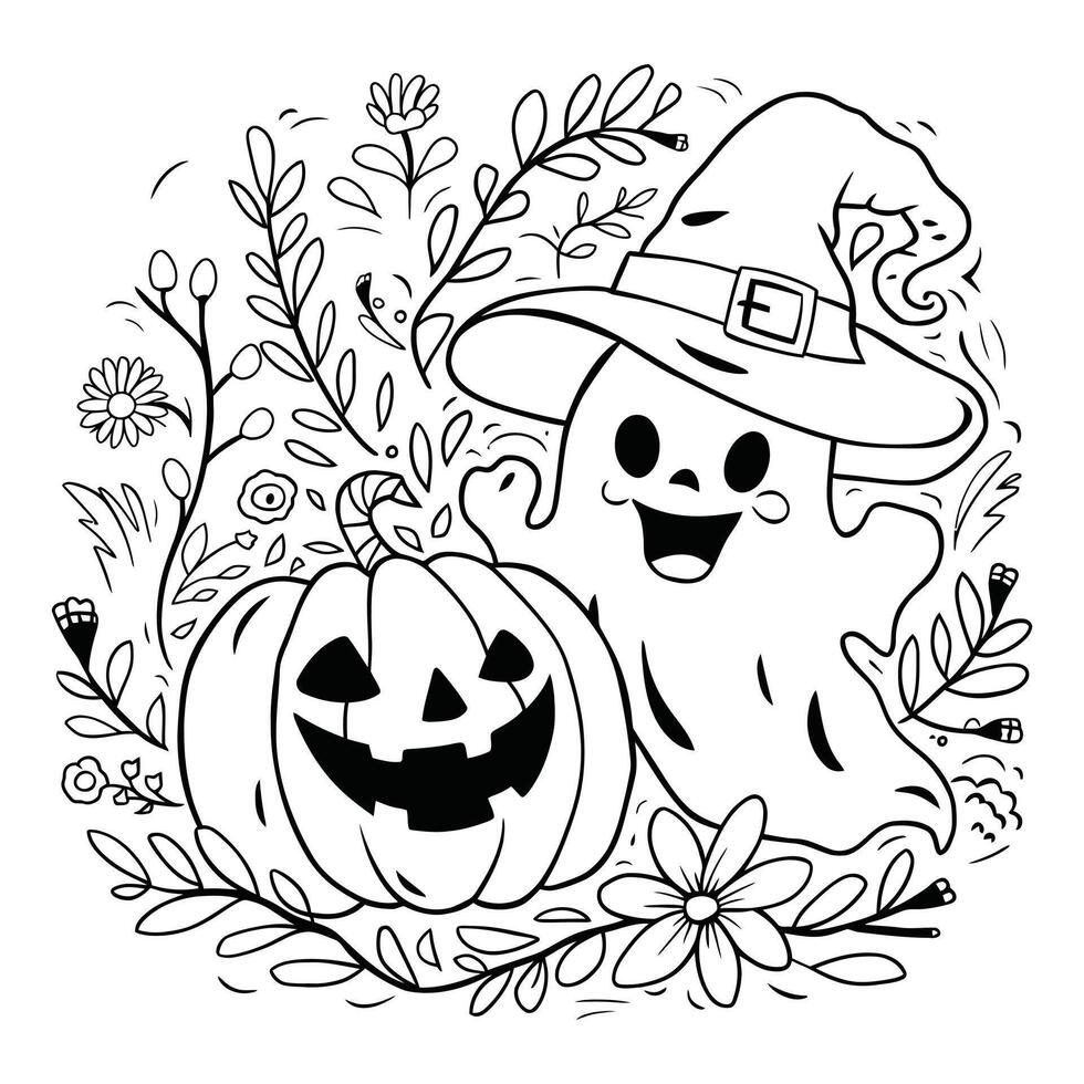 Halloween Scene with Ghost, Witch Hat, Jack-o'-Lanterns, and Bat - Fun Black and White Illustration vector