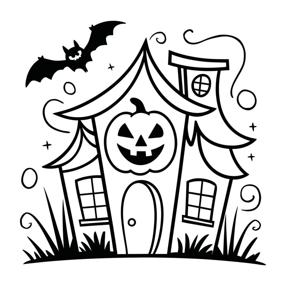 Spooky haunted house with pumpkins, bat, and full moon in black and white line art illustration vector