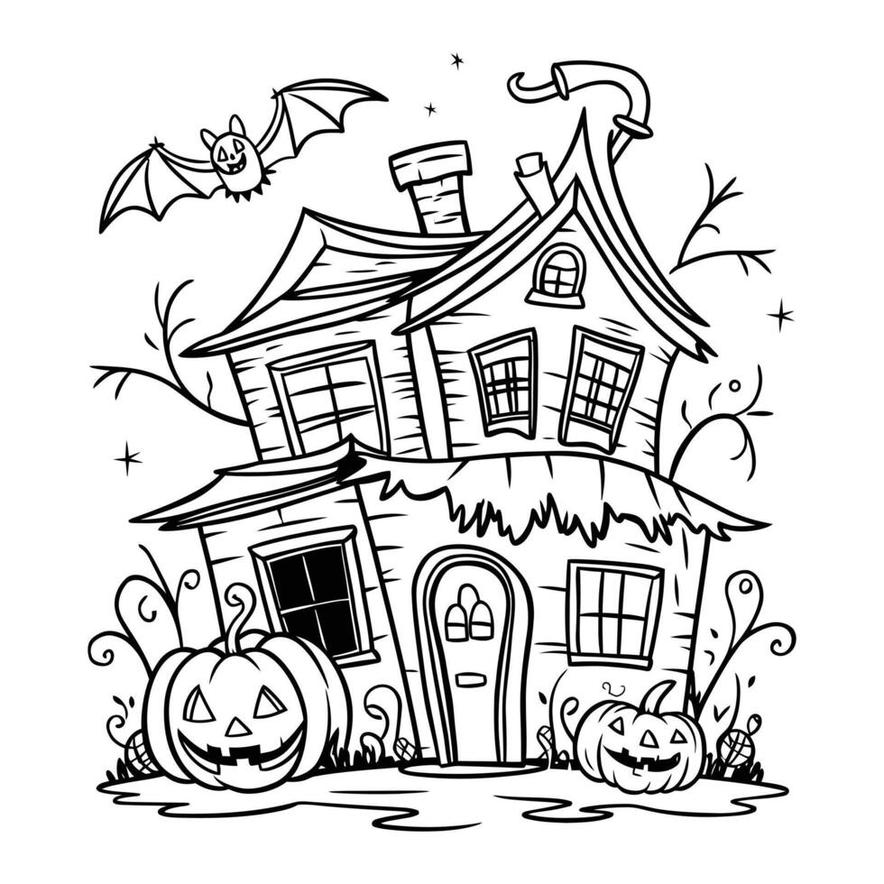 Spooky haunted house with pumpkins, bat, and full moon in black and white line art illustration vector