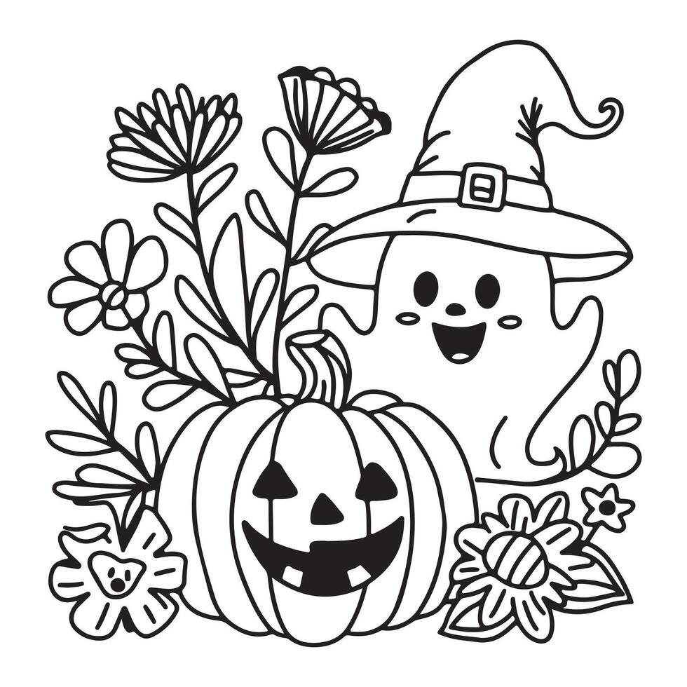 Halloween Scene with Ghost, Witch Hat, Jack-o'-Lanterns, and Bat - Fun Black and White Illustration vector
