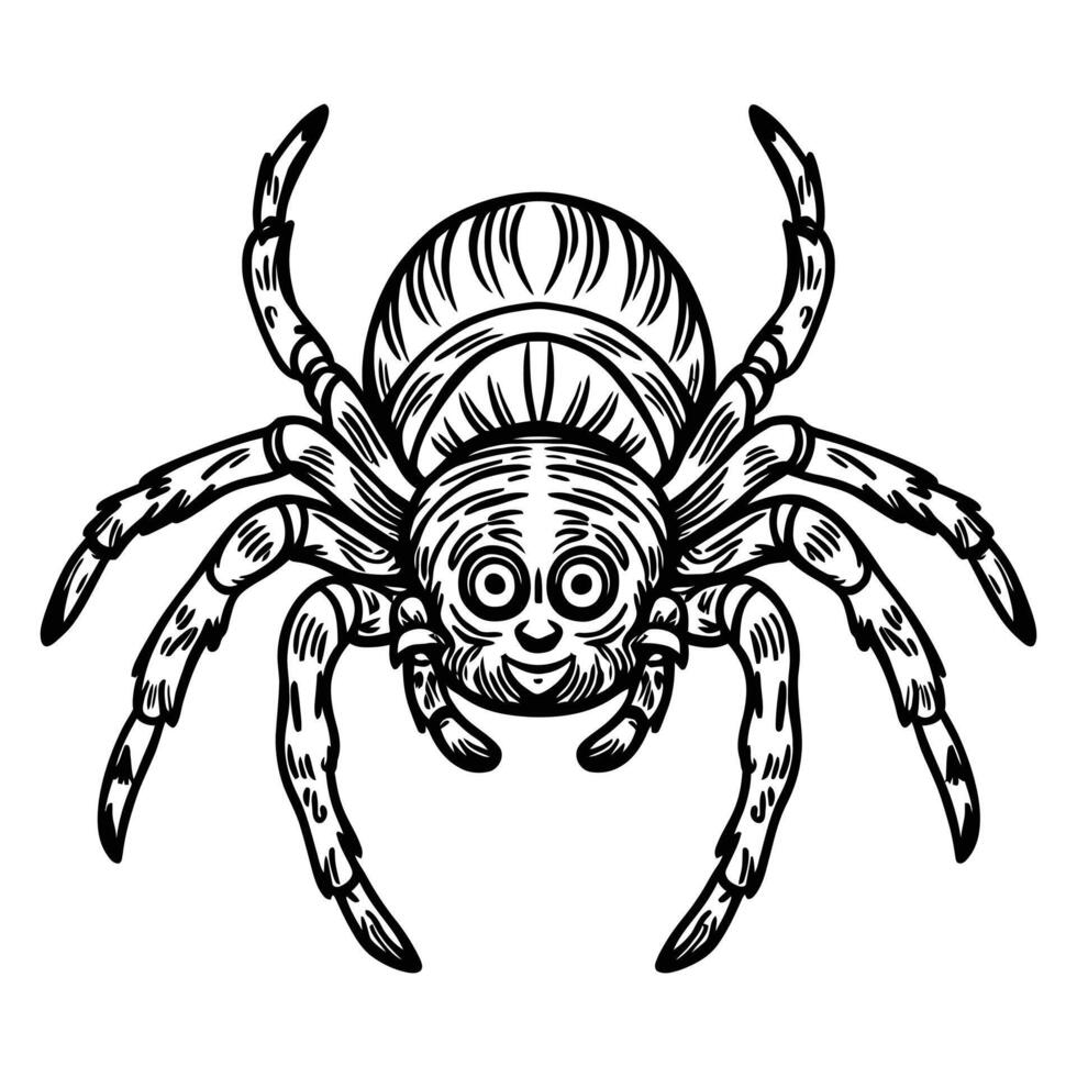 Detailed cartoon spider with smiling face in black and white line art illustration vector