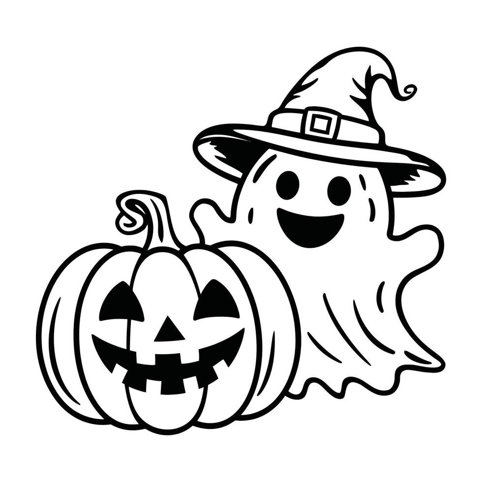 Halloween Ghost with Witch Hat and Jack-o'-Lantern - Fun and Spooky Black and White Illustration vector