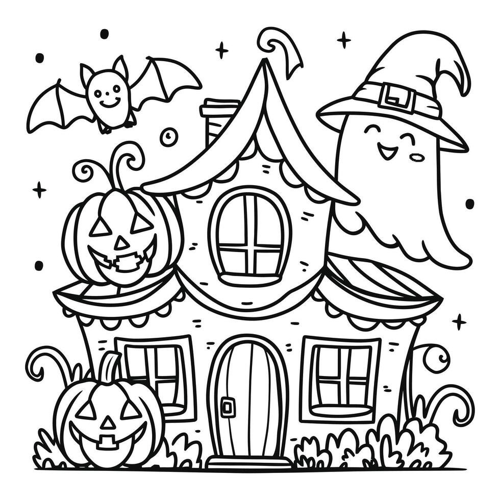 Spooky haunted house with pumpkins, bat, and full moon in black and white line art illustration vector