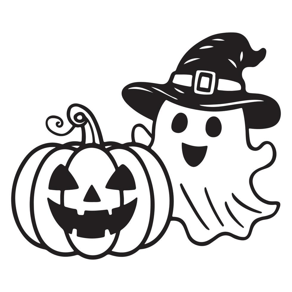 Halloween Ghost with Witch Hat and Jack-o'-Lantern - Fun and Spooky Black and White Illustration vector