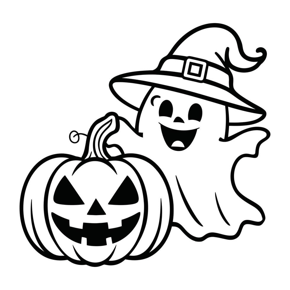 Halloween Ghost with Witch Hat and Jack-o'-Lantern - Fun and Spooky Black and White Illustration vector