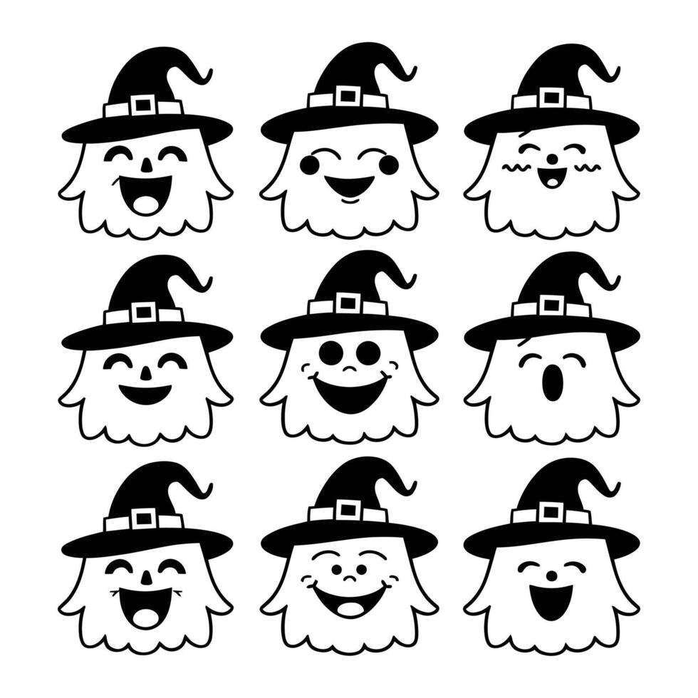 Set of Halloween ghost faces with witch hats showing various happy expressions in black and white vector