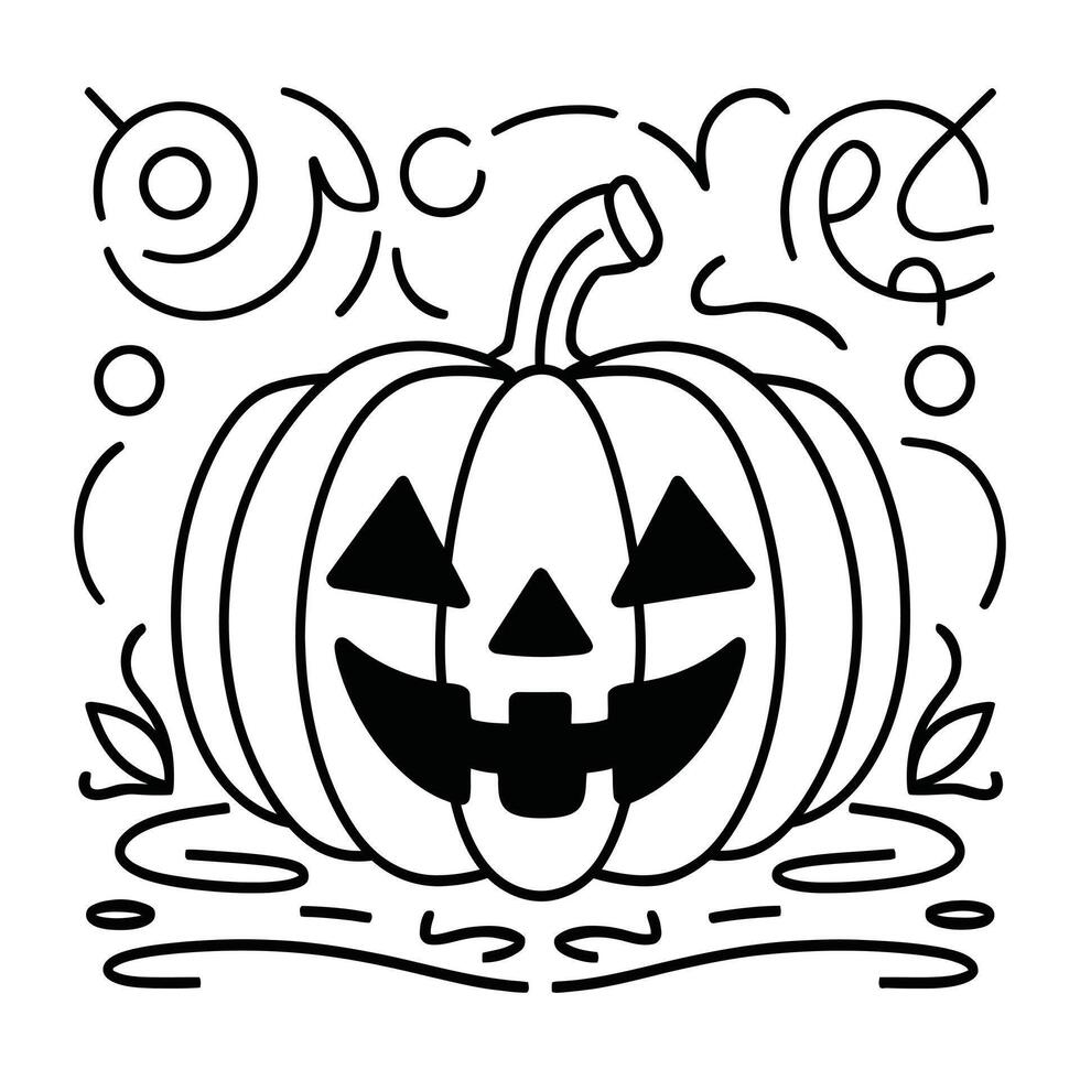 Halloween pumpkin with spooky face and swirling vines in black and white line art illustration vector