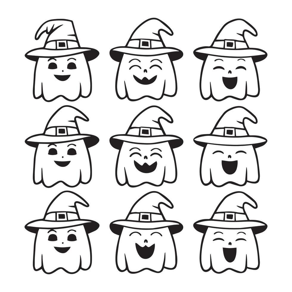 Set of Halloween ghost faces with witch hats showing various happy expressions in black and white vector