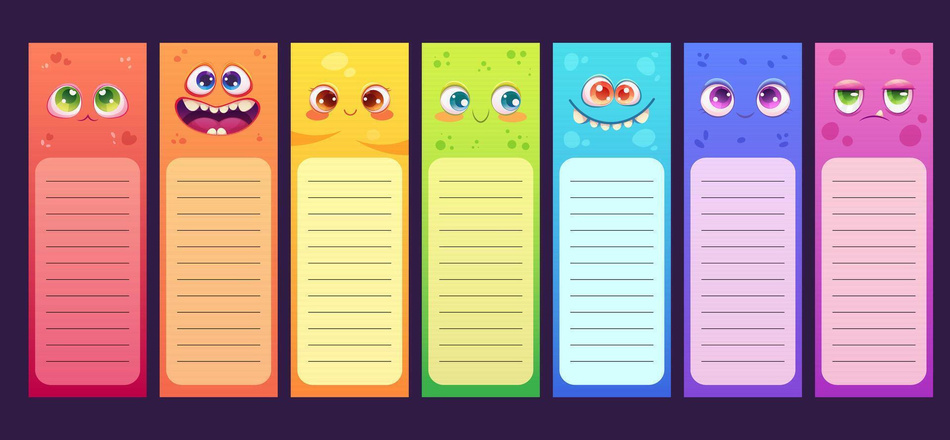 Set of funny bookmarks with space monsters in rainbow colors. template of bookmark, note sheet, task list for kids vector
