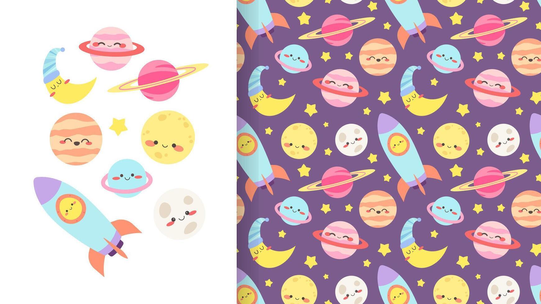 Kawaii pattern for babies with planets, stars and crescent moon with cute faces. Seamless pattern in pastel colors for baby sleep, pajamas, bedding vector