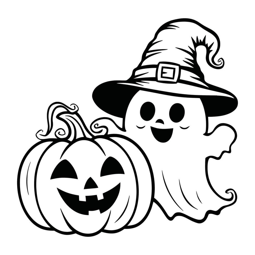 Halloween Ghost with Witch Hat and Jack-o'-Lantern - Fun and Spooky Black and White Illustration vector