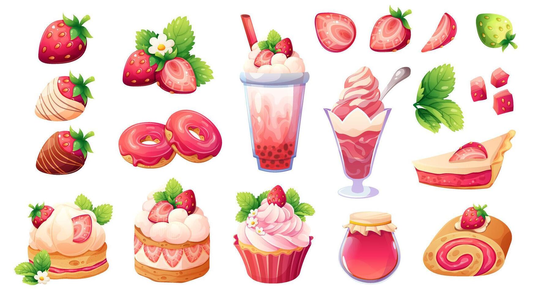 Big strawberry set. Collection of desserts with strawberry taste, cake, pie, chocolate strawberries. Strawberry flavored drinks. Berries, leaves, flowers vector