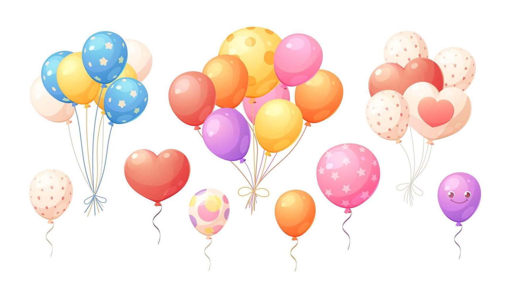 Balloons and balloon bundles set. Balloons of different colors, round and heart shaped. decorative elements for holidays, birthdays vector