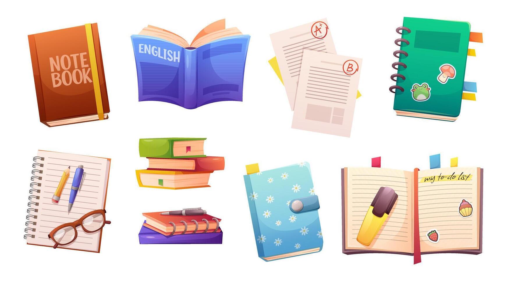 Set of student and school notebooks, textbooks, books and worksheets. Back to School. cartoon icons on white background vector