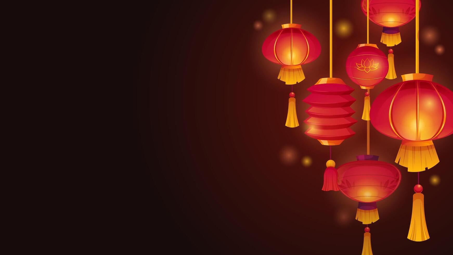 Chinese lanterns in red and gold. Dark background, banner with glowing paper lanterns. template vector