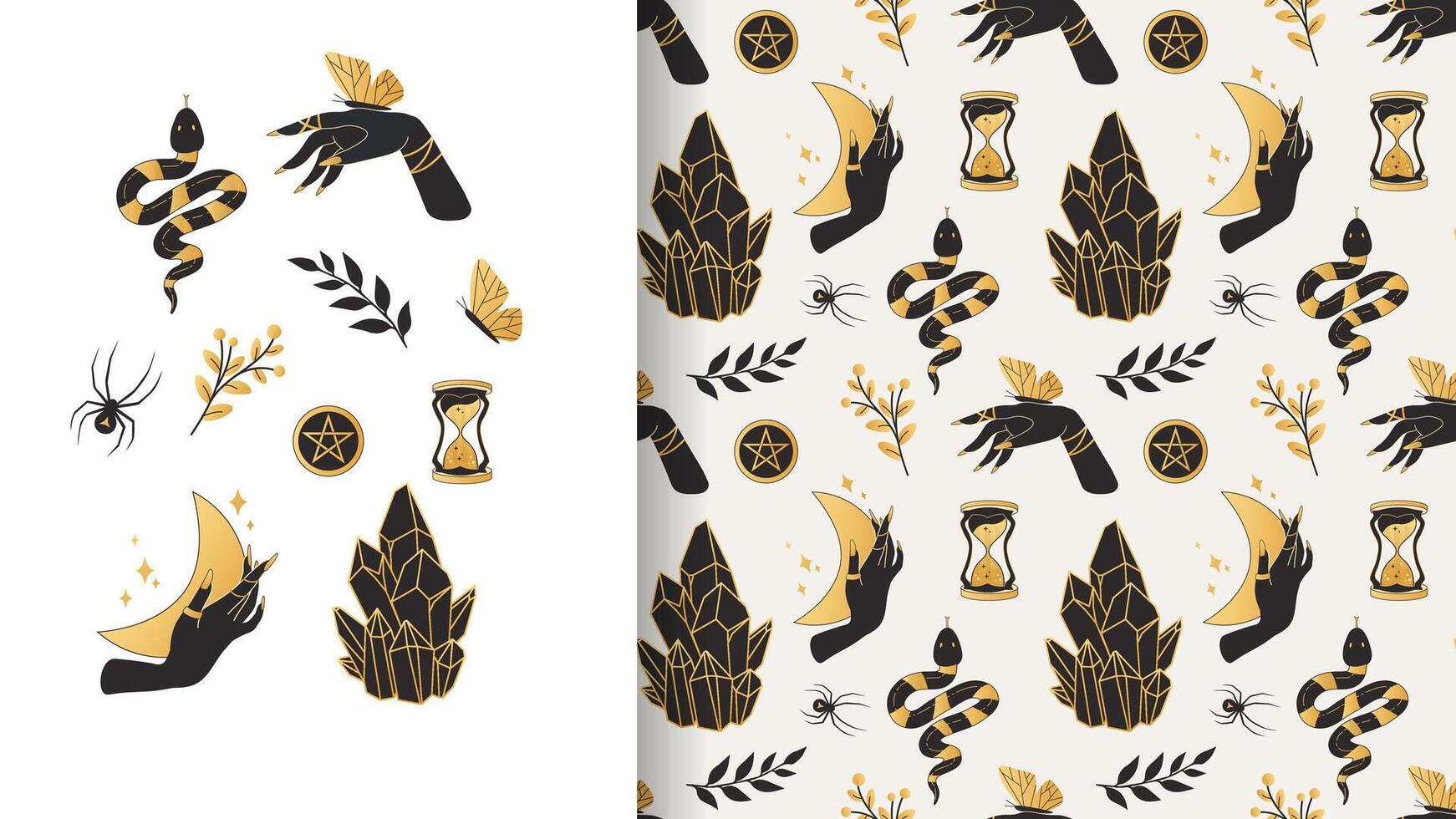Seamless boho mystique pattern. Esoteric ornament in gold and black. Witchcraft, Halloween vector