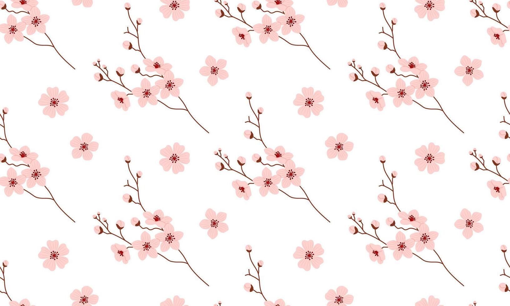 Seamless pattern with sakura. Pink cherry blossom flower branch in full bloom. Flat illustration vector
