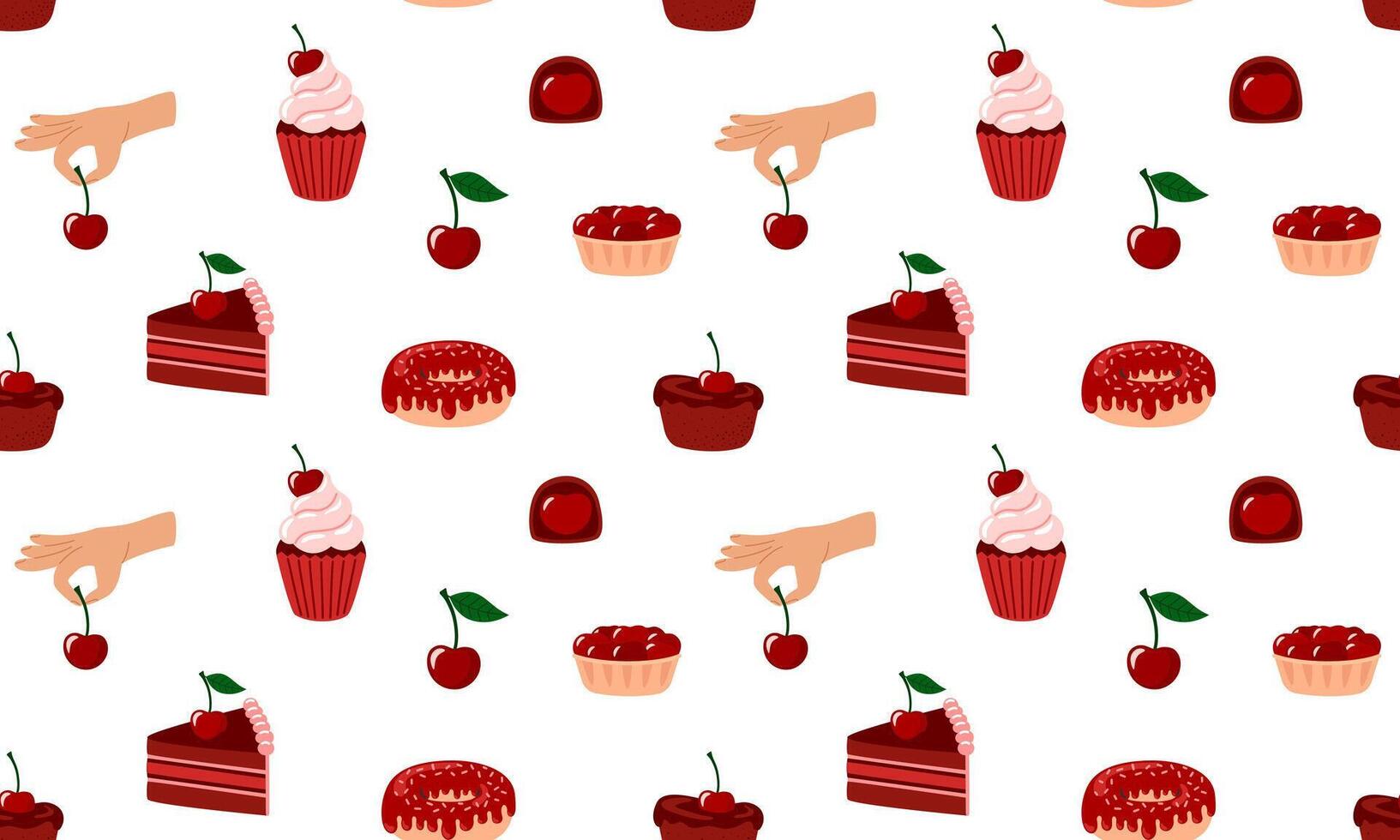 Cherry berry food seamless pattern. Summer sweets and desserts with the taste of Cherry. Cake, cupcake, donut with taste of cherries. Flat illustration isolated on white background vector