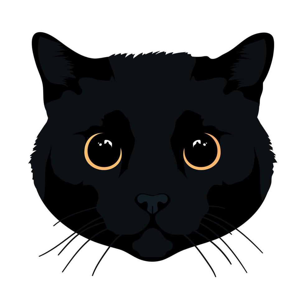 Cat head isolated on white background. Feline face. Black cat with big yellow eyes. Realistic style. For stickers, t shirts, mugs, design vector